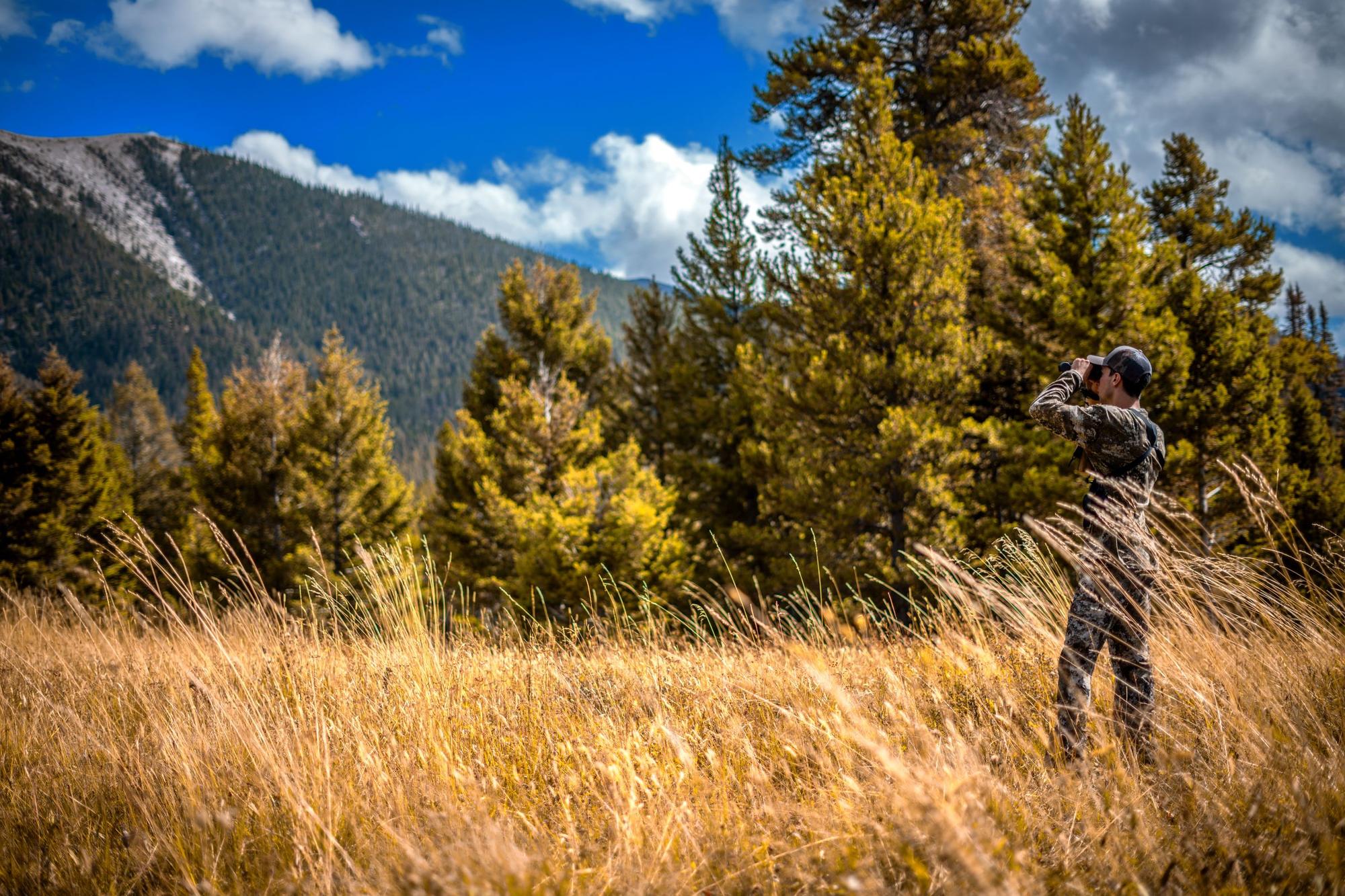 Hunter glassing from a mountain meadow