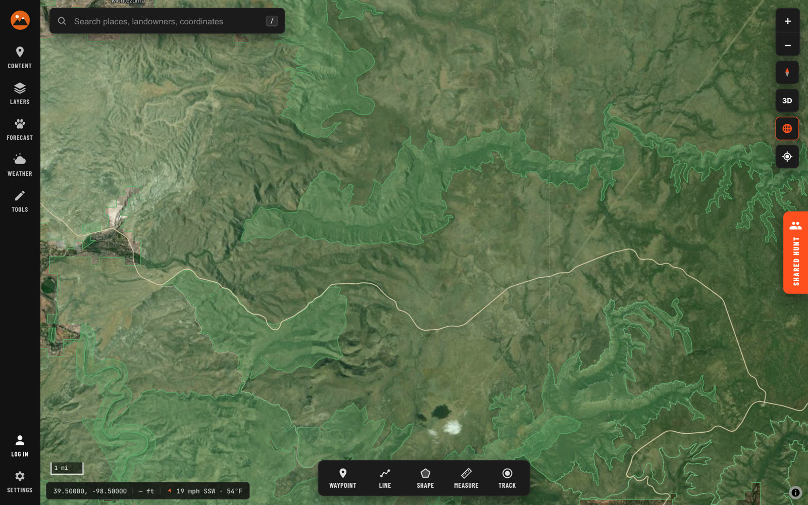 The HuntsUnited Hunt Map showing public land over satellite imagery